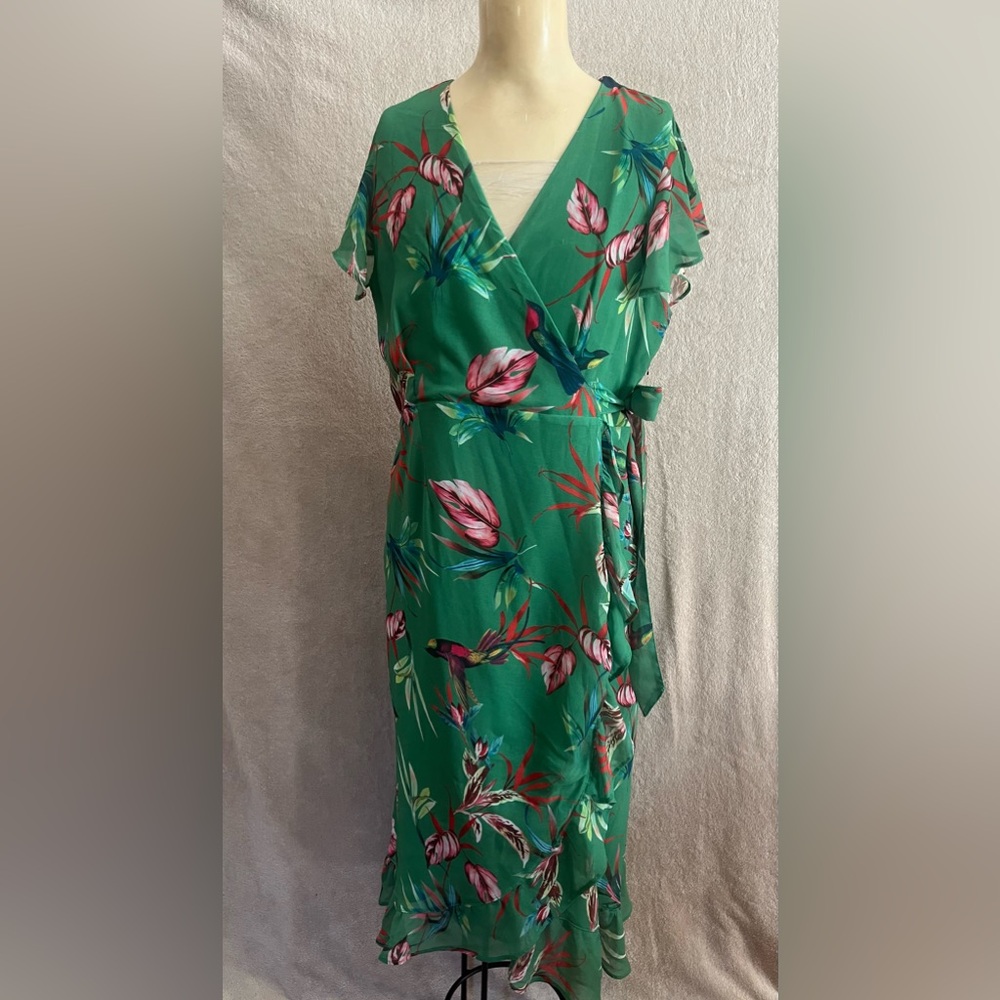 New York & Company Green Pink Flutter Sleeve Midi Dress